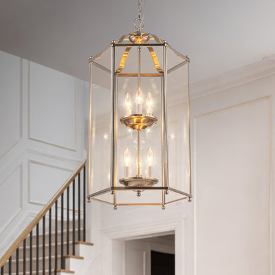 Luminaire suspendu de style lanterne en nickel satiné 6 lumières à 2 niveaux de 17 pouces avec abat-jour en verre transparent pour escalier de hall d'entrée
