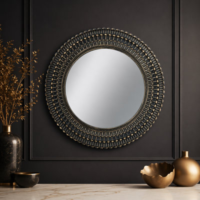Miroir d'appoint rond noir et doré avec texture tissée