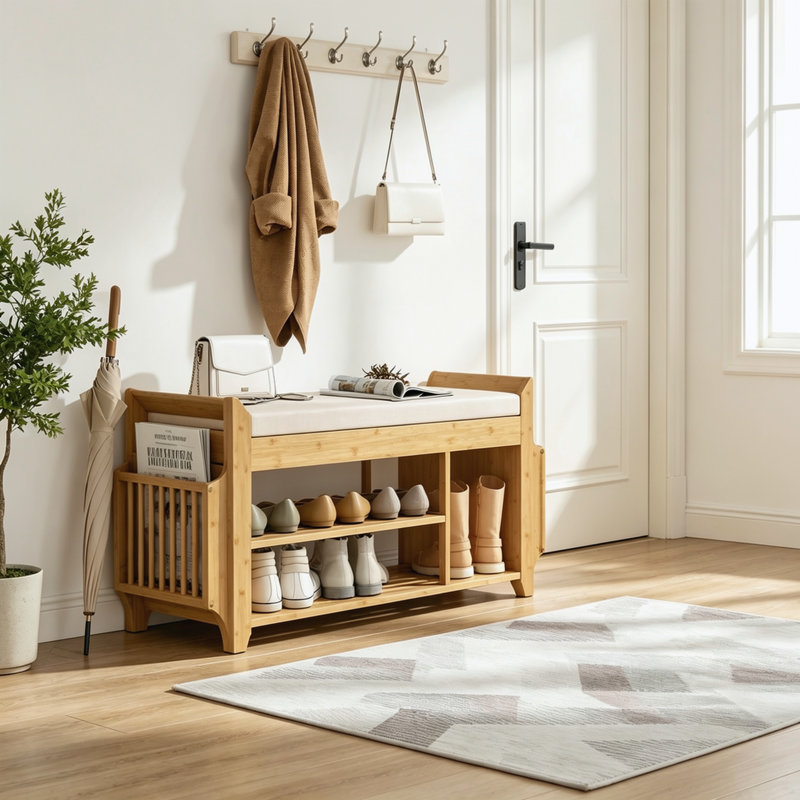 Banc à chaussures rembourré avec rangement à 2 niveaux et porte-parapluie latéral, en bambou naturel, pour couloir, salon ou entrée.