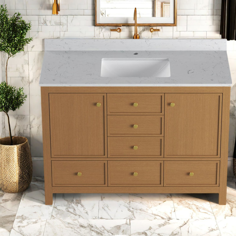 Meuble-lavabo moderne en chêne avec lavabo et rangement pour salle de bain moderne