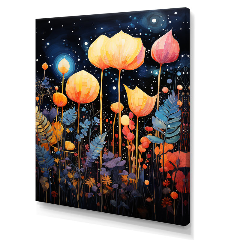 «Galaxy Night Botanical Plants I - Flowers Wall Art Living Room», Toile tendue, H 40 po x l 30 po x P 1,5 po