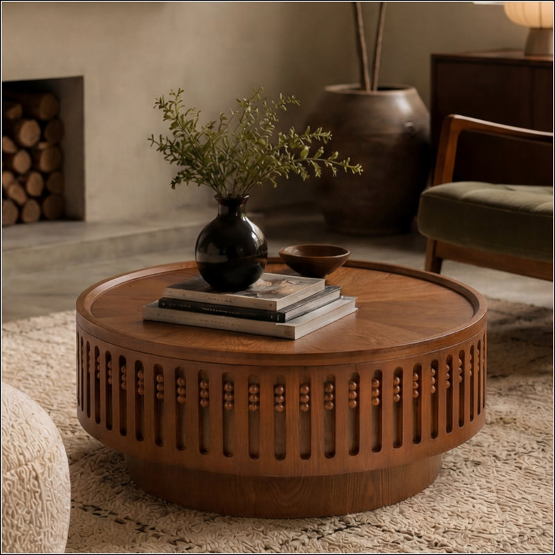 Table basse ronde à structure ajourée avec couvercle rabattable et rangement de style bohème