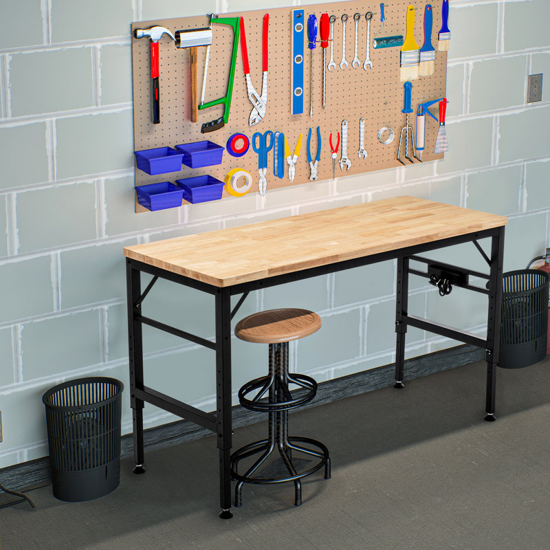 Workbench With 60" Rubber Wood Top - Adjustable Height 2000 Lbs Load Capacity For Shop And Office Power Outlets Garage Home Areas