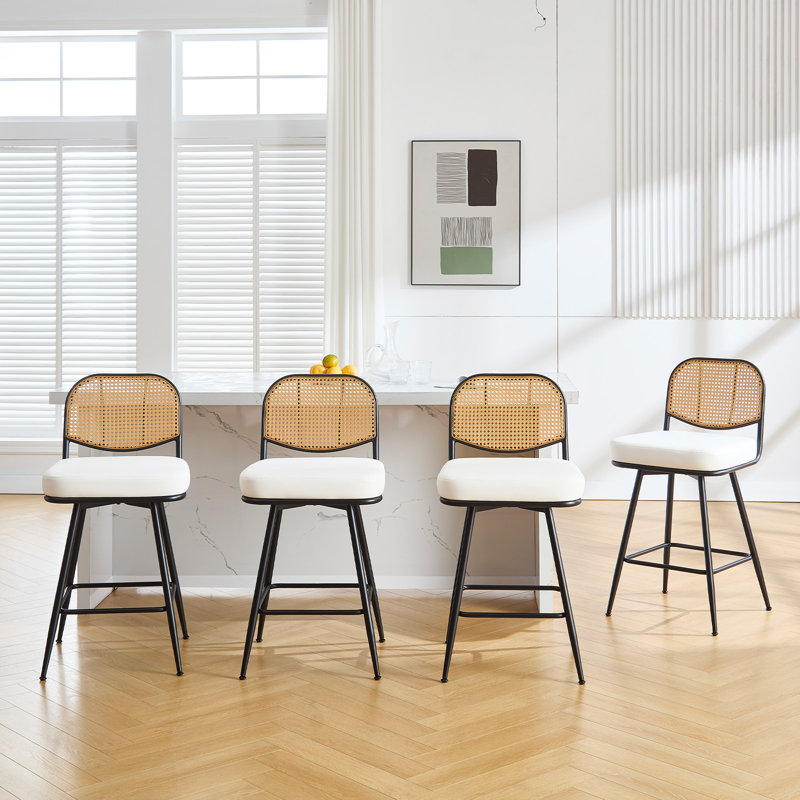 Upholstered Swivel Counter Stool With Rattan Backrest, White, Counter Stool (26” Seat Height)