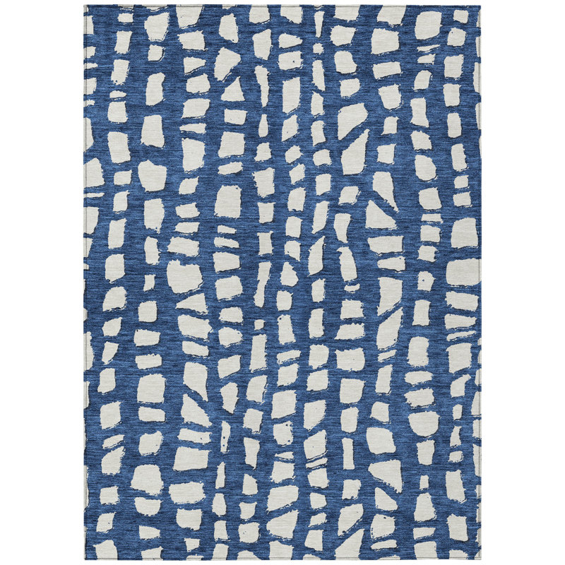 Tapis d'extérieur lavable abstrait bleu marine et ivoire 10 pi x 14 pi