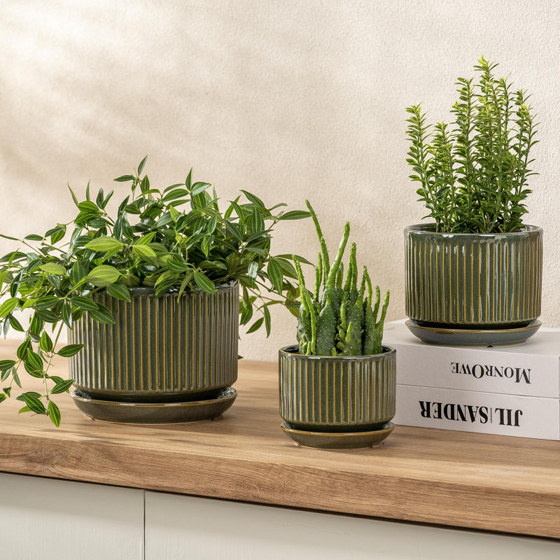 Ensemble de 3 pots de fleurs en céramique, pour l'intérieur et l'extérieur, avec trou de drainage et soucoupe., Light Green