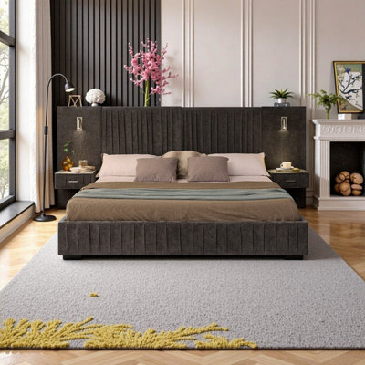 King Size Upholstered Platform Bed with Headboard, Built-in Nightstands & Adjustable Lamps