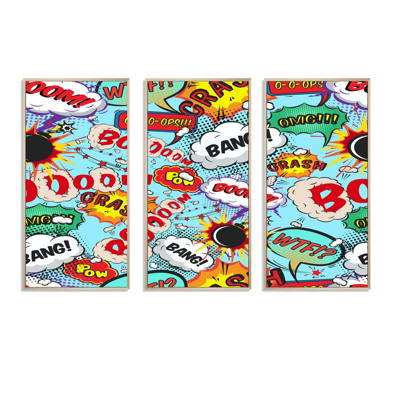 Comic Bang and Boom - ensemble d'art mural moderne sur toile encadrée 3 pièces, H 32 po x l 48 po x P 1 po, Brun