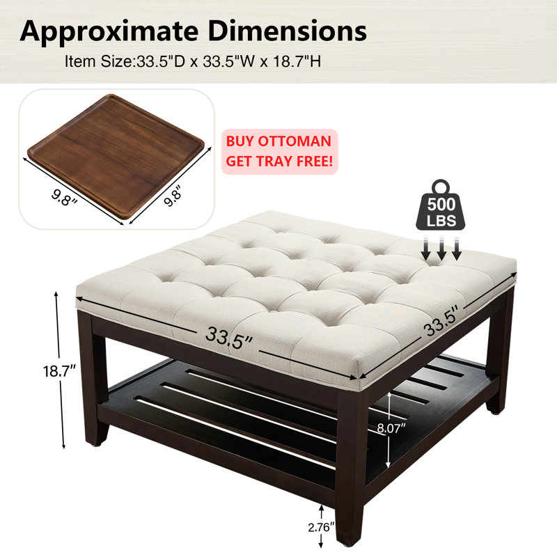 33.5" Wide Tufted Square Cocktail Ottoman With Free Tray, White Linen