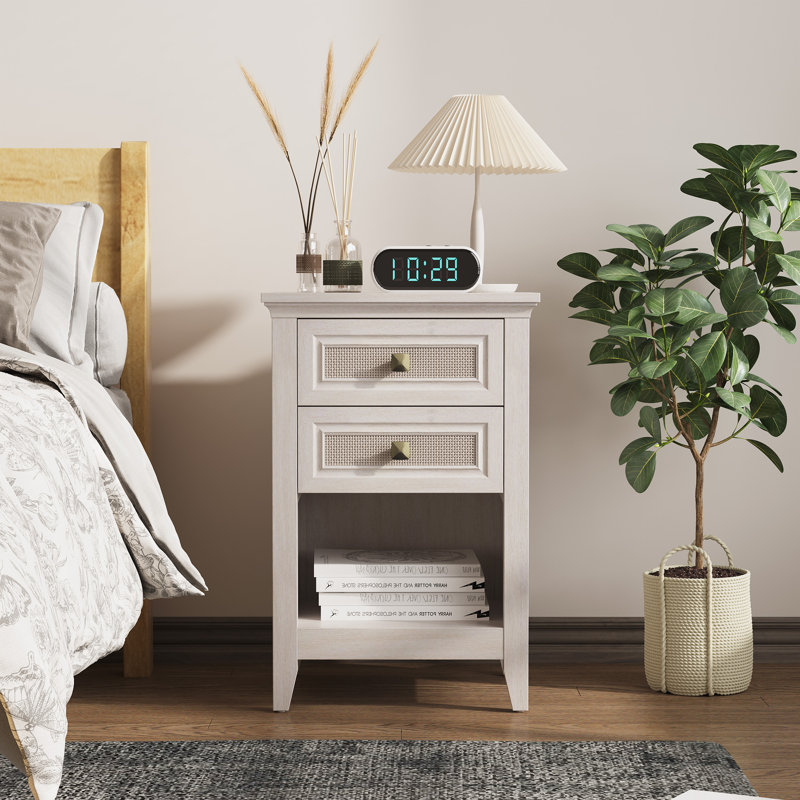 Table de chevet en rotin naturel l 17,7 po avec 2 tiroirs