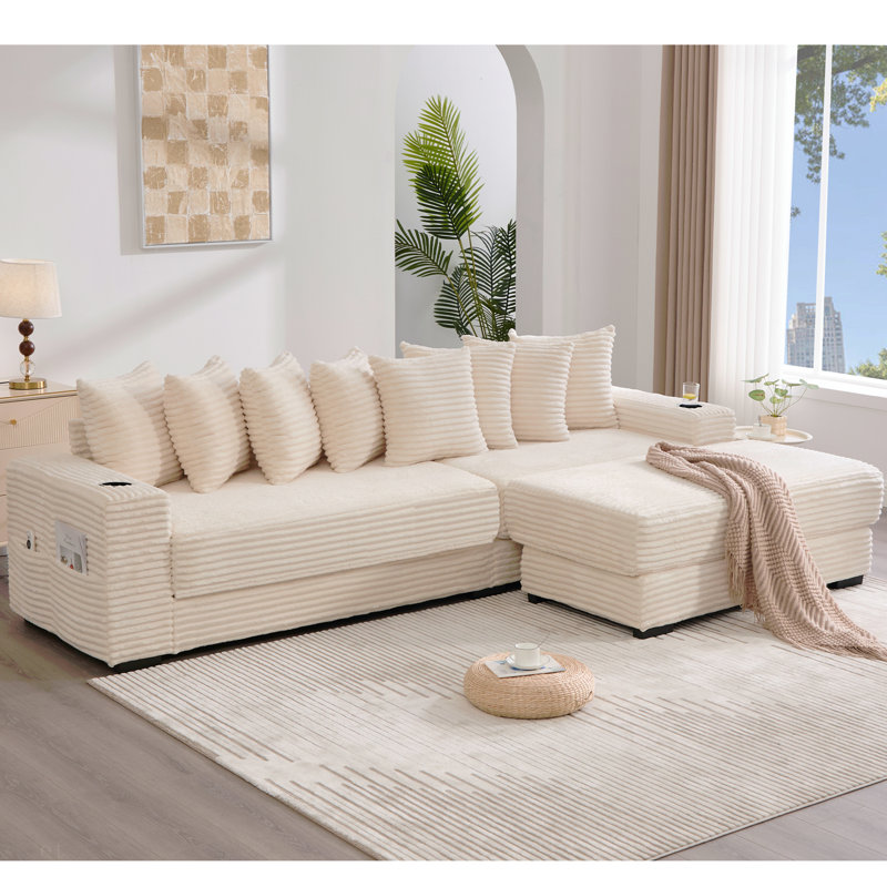 Canapé modulaire en L 110,75 po, canapé modulaire en velours côtelé, avec repose-pieds mobile, porte-gobelets, 8 coussins décoratifs, poche latérale, déplier dans un lit, beige