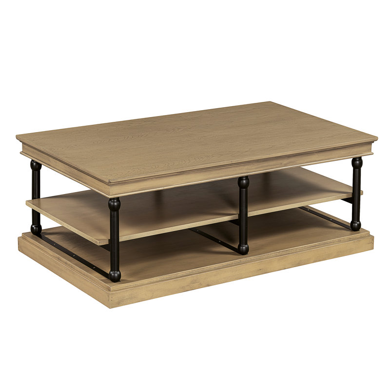 Table basse Bard, placage brun de 55 po, tablettes à 2 niveaux, pieds en métal noir, Brun chêne / noir