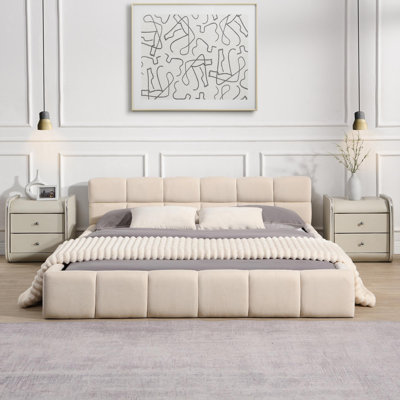 Lit tapissier élégant en chenille beige avec motif damier, grand, beige