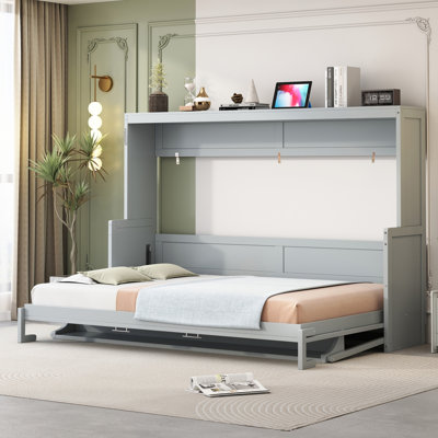 Grand lit gris avec système de pliage de bureau hydraulique et de rangement, peu encombrant pour les petits espaces de vie, support de cadre, compartiment de matelas intégré, lève-personne mural et installation de 10 pouces, multifonctionnel