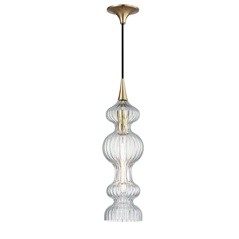 Luminaire suspendu géométrique unique à 1 lumière Pomfret, Laiton vieilli, Transparent
