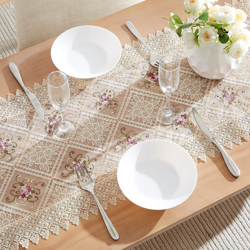 Rushad Runner Floral Lace Table Runnner, 16" W x 48" L, Beige