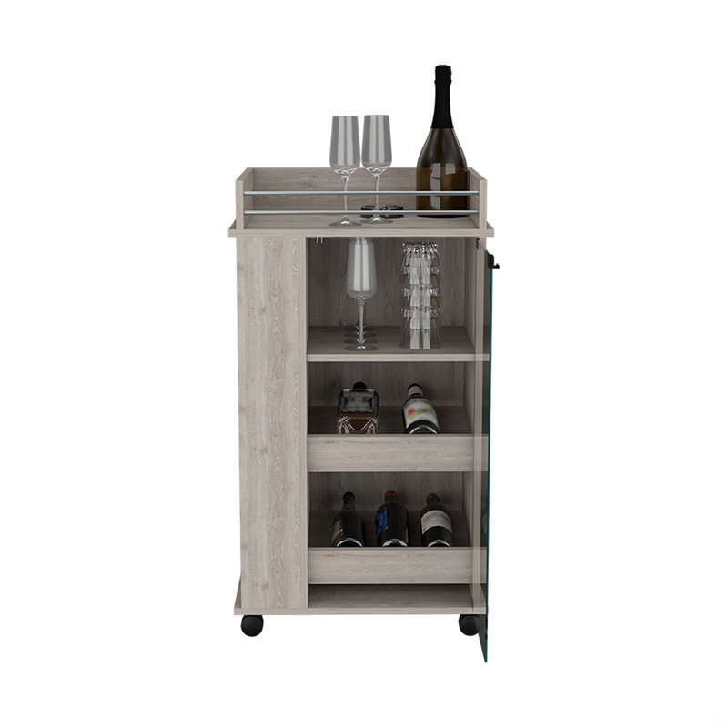 Chariot-bar avec tablettes à deux côtés Beaver, porte vitrée et surface supérieure, Gris clair