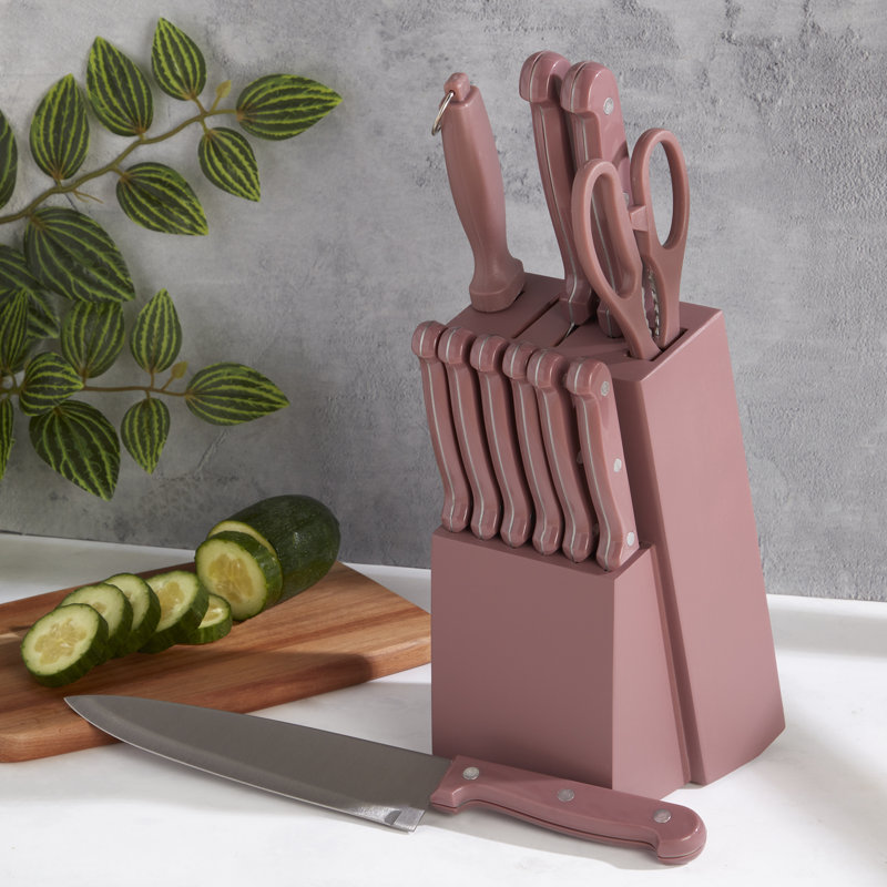 Ensemble de 12 couteaux de cuisine en acier inoxydable avec bloc de bois Basic Essentials, Mauve
