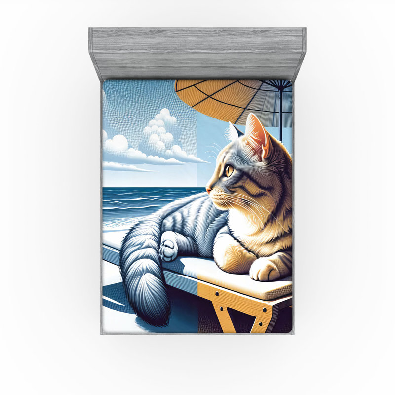 Drap-housse pour chat Ambesonne_ Chaton en train de bronzer bord de mer_ Moutarde bleu pâle
