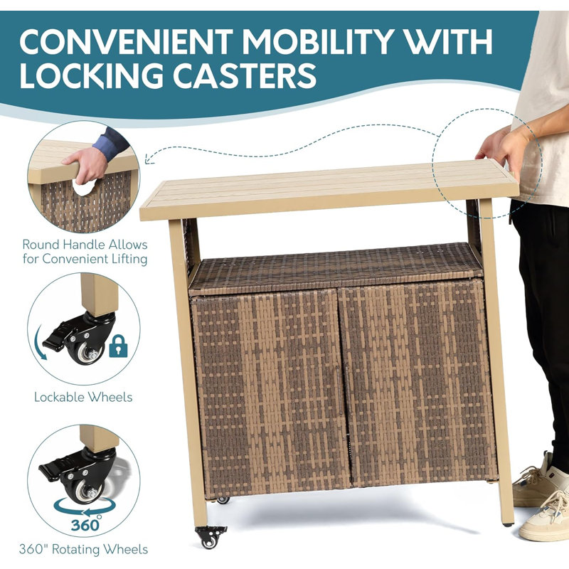 Outdoor Storage Cabinet with Rolling Wheels, Patio Bar Cart with Table and Wicker Cabinet, Kitchen Island Prep Table