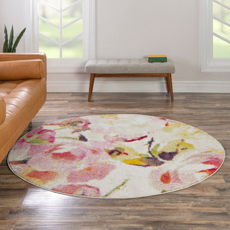 Adelinah Floral Ivory/Green/Red Area Rug, Round 4'1"