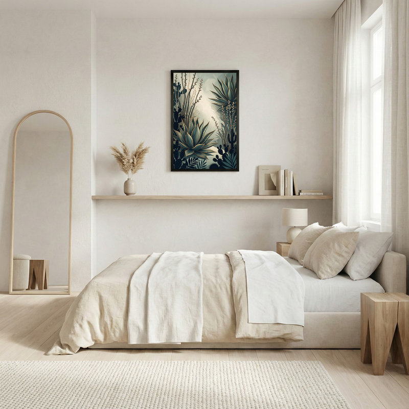 Art mural sur toile bleu sarcelle, agave et cactus avec détails dorés, H 36 po x l 24 po