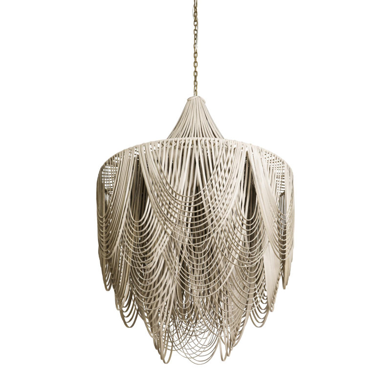 Large Leather Fringe Chandelier w/ Crown, 45" H x 32" W x 32" D, Cream