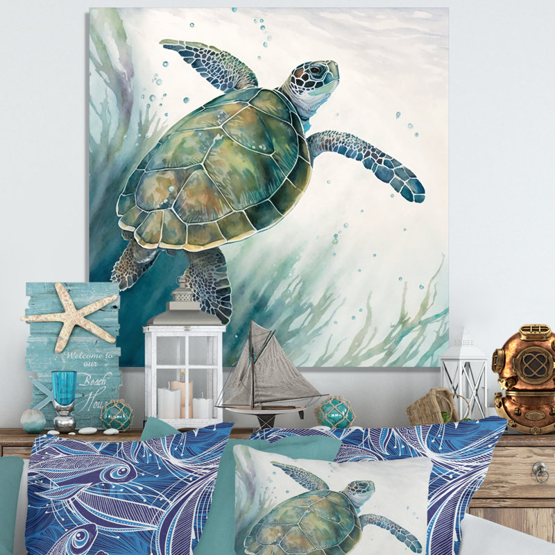 Décoration murale aquarelle tortue nageant I - animaux tortue, H 16 po x l 16 po x P 1 po