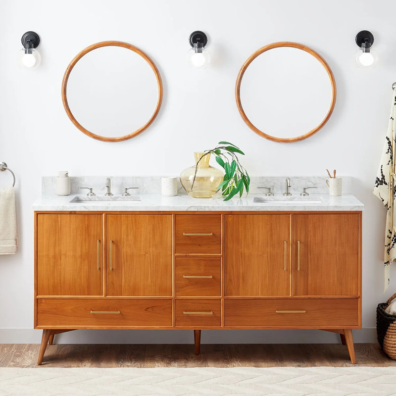 72" Novak Double Bathroom Vanity Set with Rectangular Undermount Sinks, Natural Teak, Carrara Marble, 8" Widespread