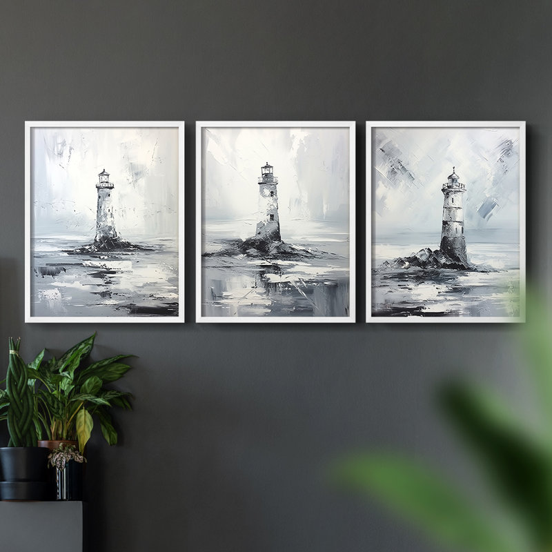 Série Sea and Shore Cxxx - Ensemble de 3 estampes numériques encadrées - Prêt à être accroché, Cadre blanc, H 28 po x l 22 po