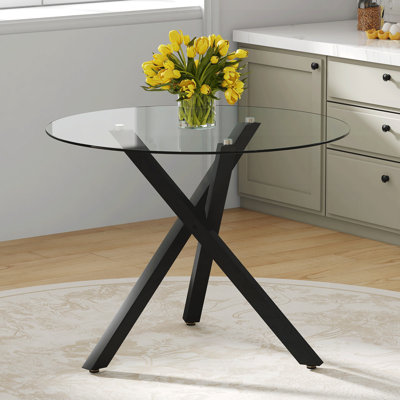 Table ronde moderne en verre minimaliste: 31 pouces de diamètre, support en métal noir en forme de X, élégant et pratique.