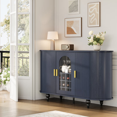 Curved Fluted Sideboard Buffet Cabinet, Navy Blue Accent Credenza with Arched Glass Door & Copper Handles, Modern Storage Cabinet for Living Room Entryway