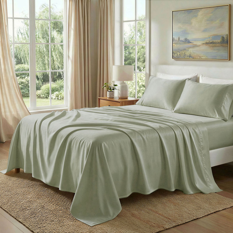 Ensemble de draps 100% coton égyptien 400 fils Threadmill, Vert sauge, Ensemble de draps pour lit double avec 2 taies d'o