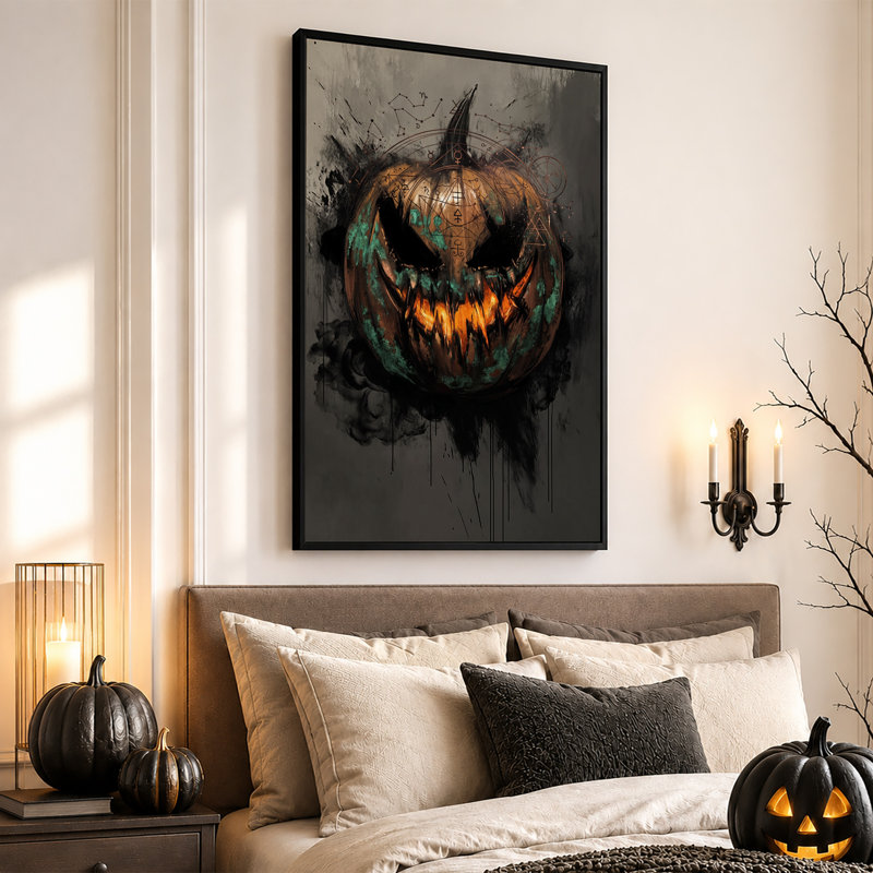 Citrouille orange avec texture bleu sarcelle et toile d'Halloween mystique, H 18 po x l 12 po