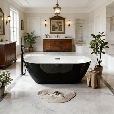 Deep Freestanding Acrylic Bathtub with Chrome Drain, Ergonomic Shape Tub for Bathroom