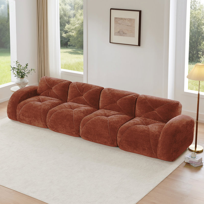 Tissu de velours doux de 140 po, canapé désossé avec capitonnage, éponge haute densité 32D, fond ergonomique, aucun assemblage requis, conception antidérapante inférieure, pour les salons, cinéma maison, brun rouge