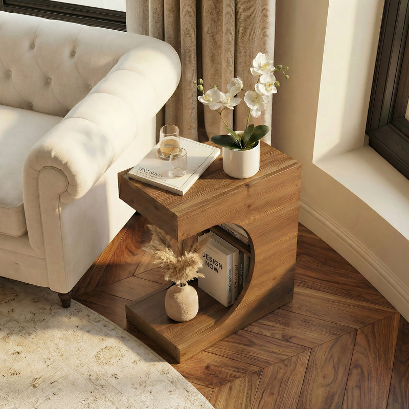 Table de bout en C en bois massif, table de chevet étroite avec rangement pour le salon et la chambre à coucher