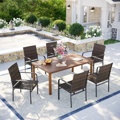 6-Person Patio Dining Set with Metal Rectangular Dining Table and 6 Rattan Armrest Chairs