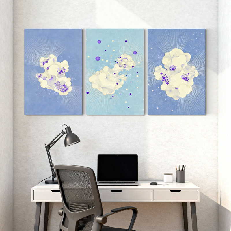 Nuage abstrait avec pois mauves et lumière rayonnante, ensemble de 3 impressions sur toile, H 18 po x l 36 po