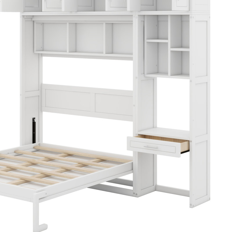 Lit escamotable mural avec bureau, armoire supérieure et tablettes de rangement, lit pliable peu encombrant, blanc