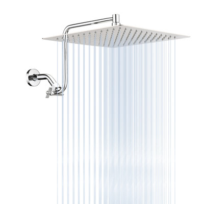 12" Square Showerhead With Adjustable Extension - Stainless Steel Build, Low- Compatible, Bathroom 12 Inch Shower Head Movable Arm Steel, No Clogging, Fits Pipe Threads