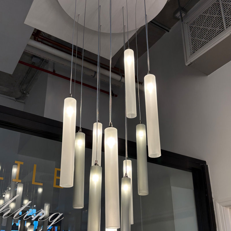 Rainfall 11 Frosted White & Grey Glass Pendants Chandelier, Brass, 120"