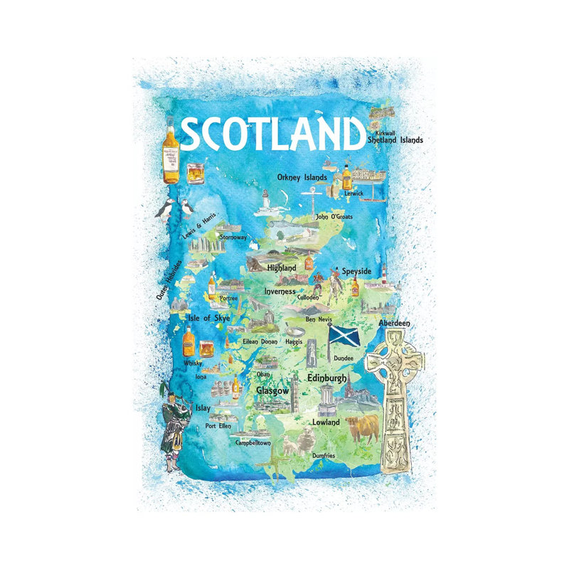 Scotland Illustrated Map With Landmarks And Highlights by Markus & Martina Bleichner - Wrapped Canvas Gallery-Wrapped Canvas Giclée