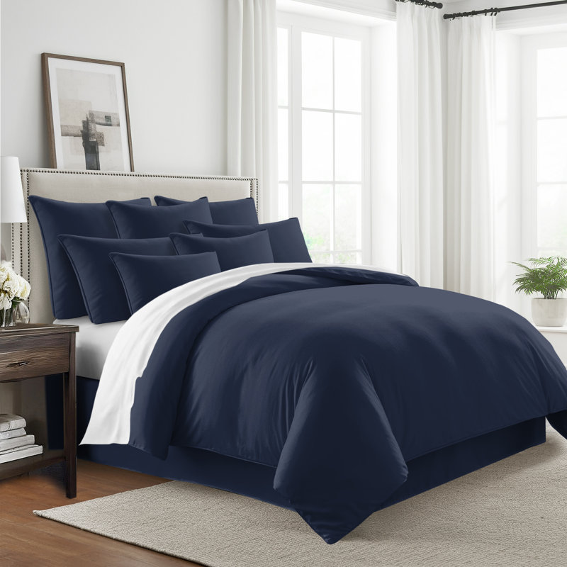 Ensemble d'édredon en coton standard 6 pièces Everleigh, Bleu marine, Twin Coverlet + 3 Additional Pieces