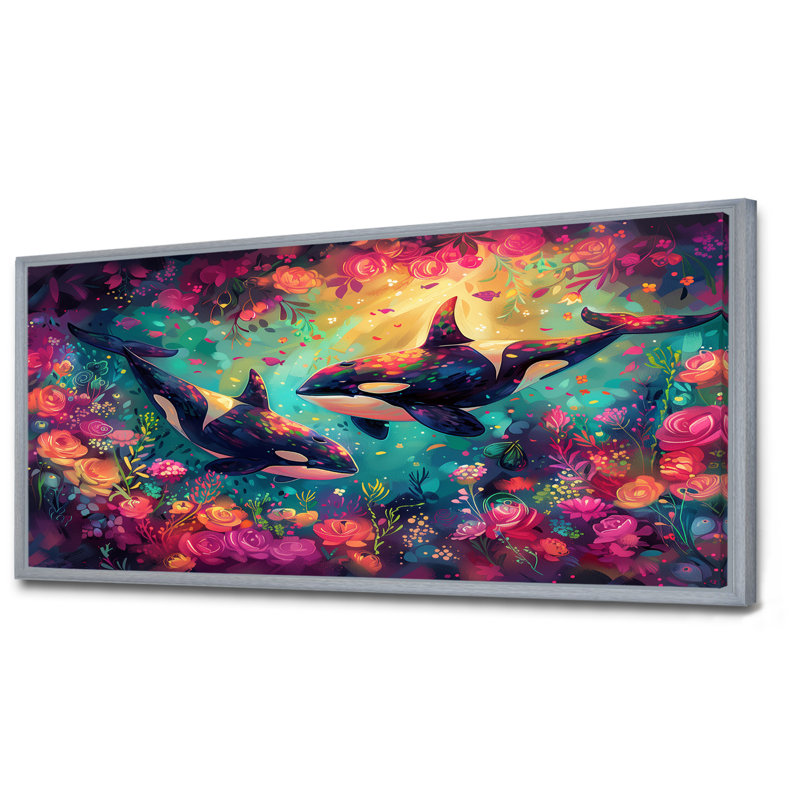Black Orca Swimming Paradise Dream I - Whale Animal Wall Art Print, 28'' H x 60'' W, Silver Floater Framed