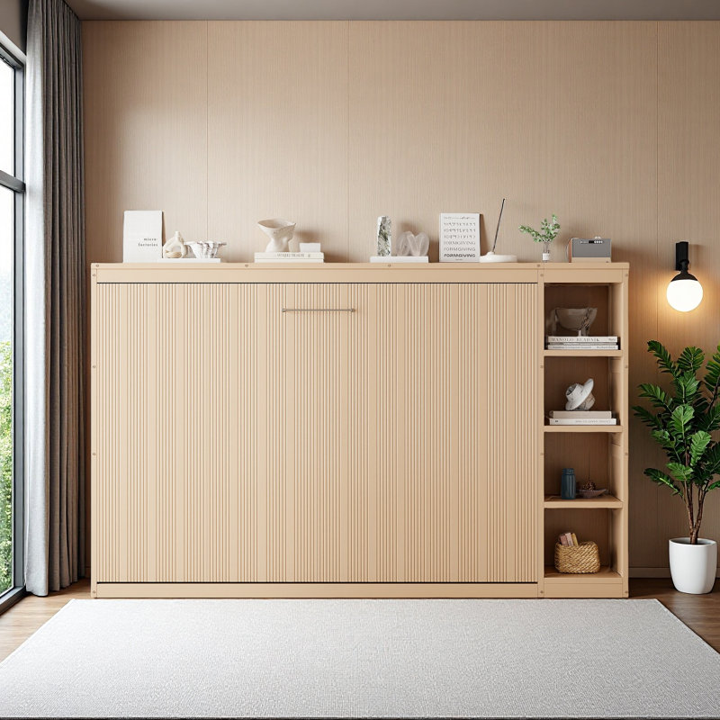 Murphy Bed With Bookshelf, Natural, Full / Double