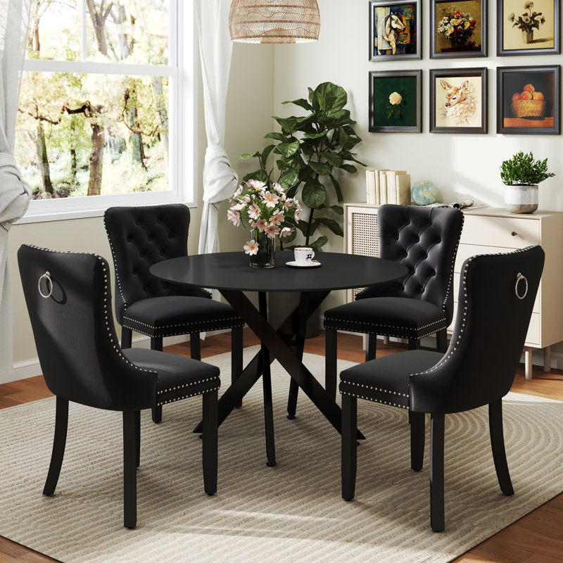 Round Wood Dining Set with Tufted Dining Chair, Black, Black, 5