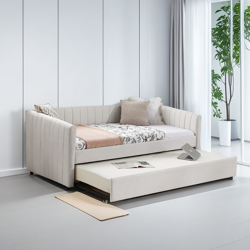 Daybed With Trundle Upholstered Sofa Bed, With Vertical Stripes, Linen Fabric, Beige, Twin
