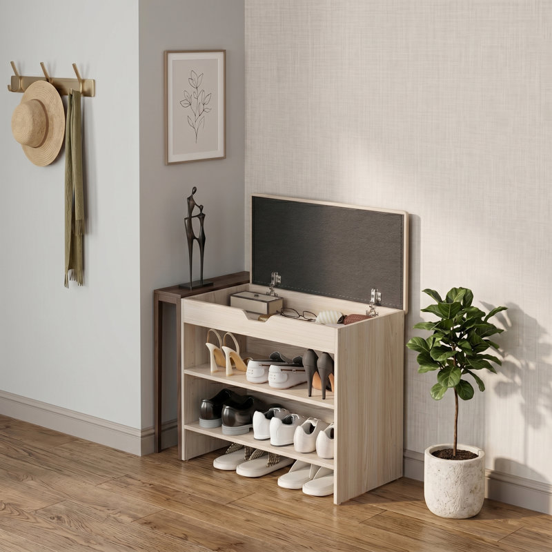 2-Tier Adjustable Shoe Cabinet,Upholstered Shoe Storage Bench With Cabinet, Natural wood color