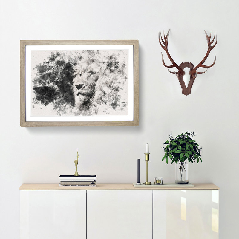 Portrait Of A Proud Lion - Single Picture Frame Print on MDF, 45cm H x 63cm W x 2cm D, Oak Framed
